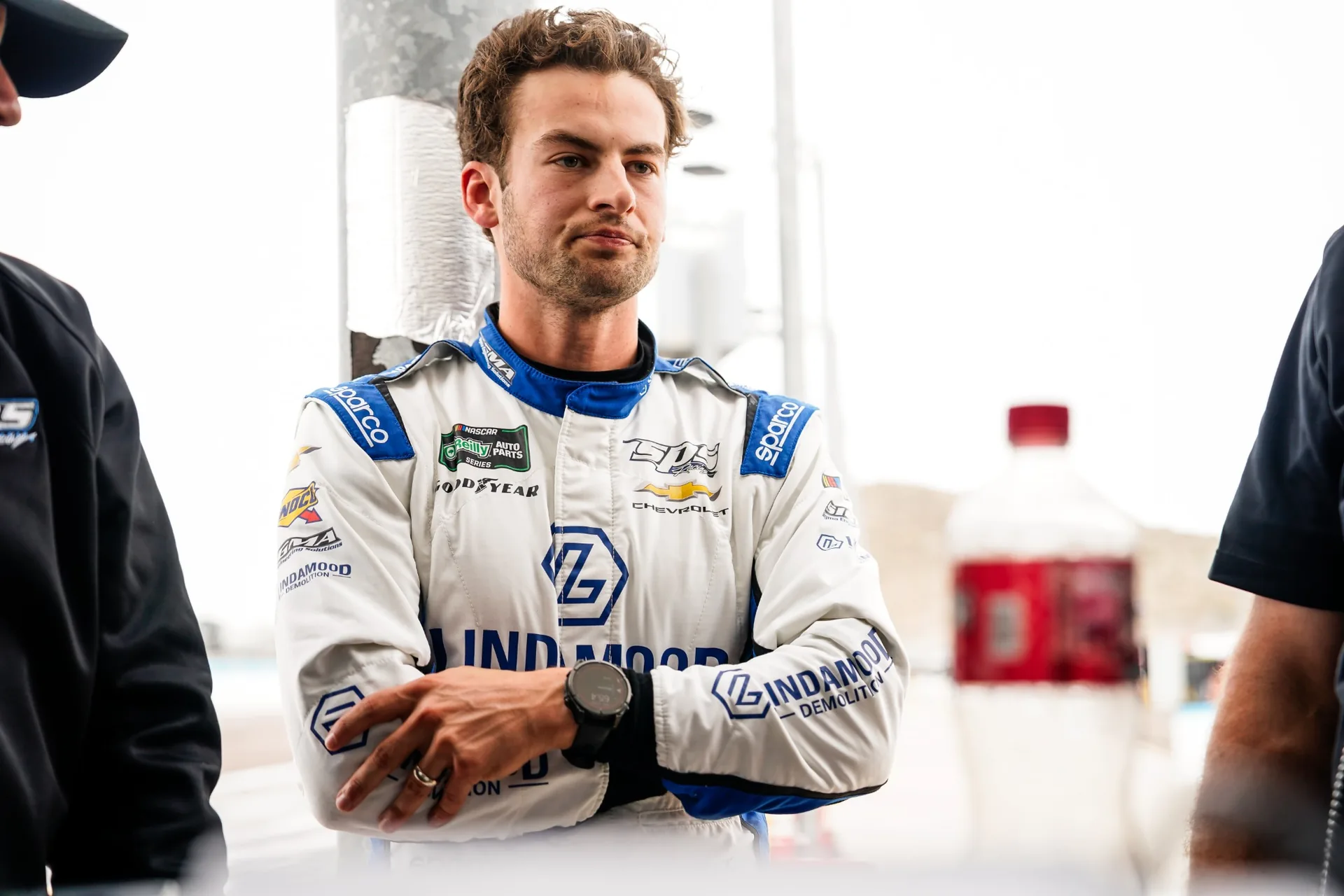 Connor Mosack in his white and blue Lindamood racing suit at Phoenix Raceway.