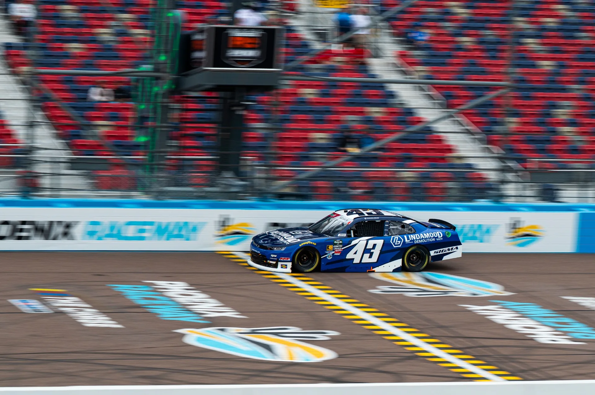 The No. 43 Lindamood Chevrolet crosses the start-finish line at Phoenix Raceway.